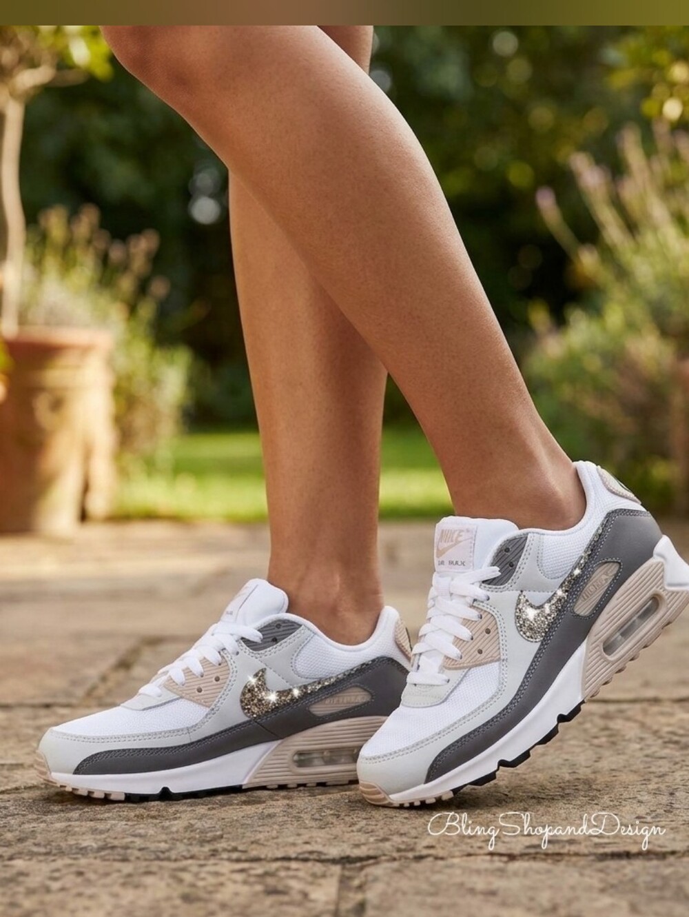 Nike Women’s White Gray Glitter Air Max 90 Sneakers Shoes Customized Crystals 🩶